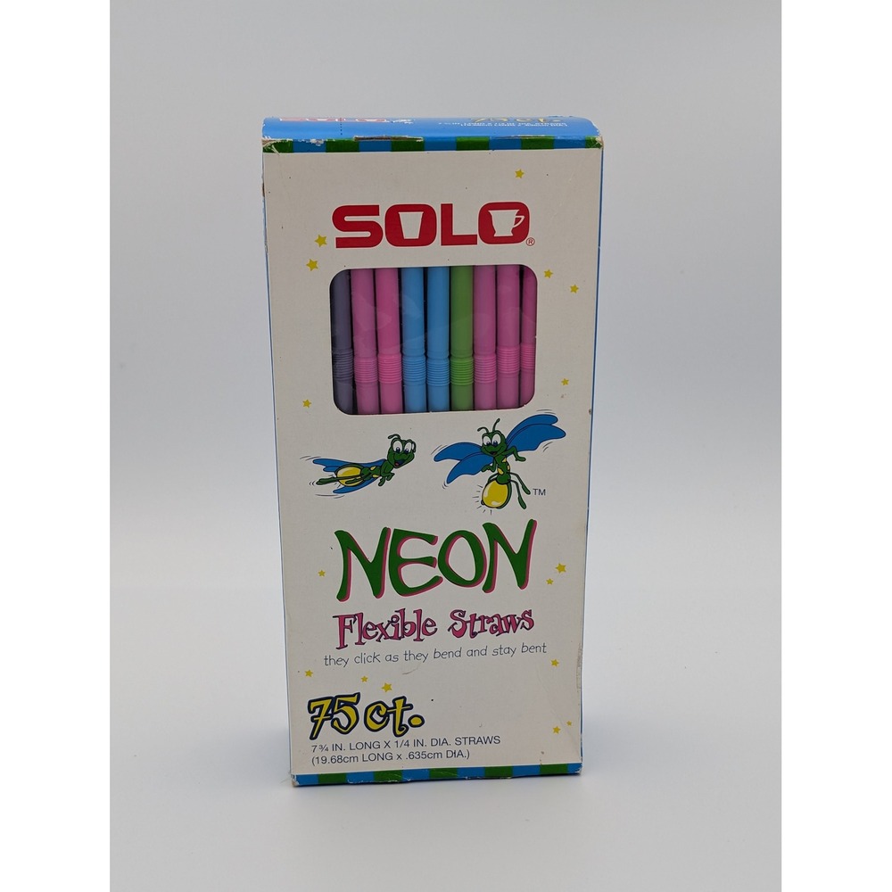 New Vintage Solo Neon Flexible Straws 75 Sealed Colorful Retro Party NOS Bendy
